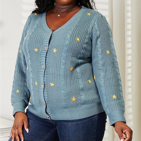 NEW HEYSON PLUS + REG SIZE Floral Embroidered Chunky Cable Knit Cardigan Sweater - Picture 3 of 12